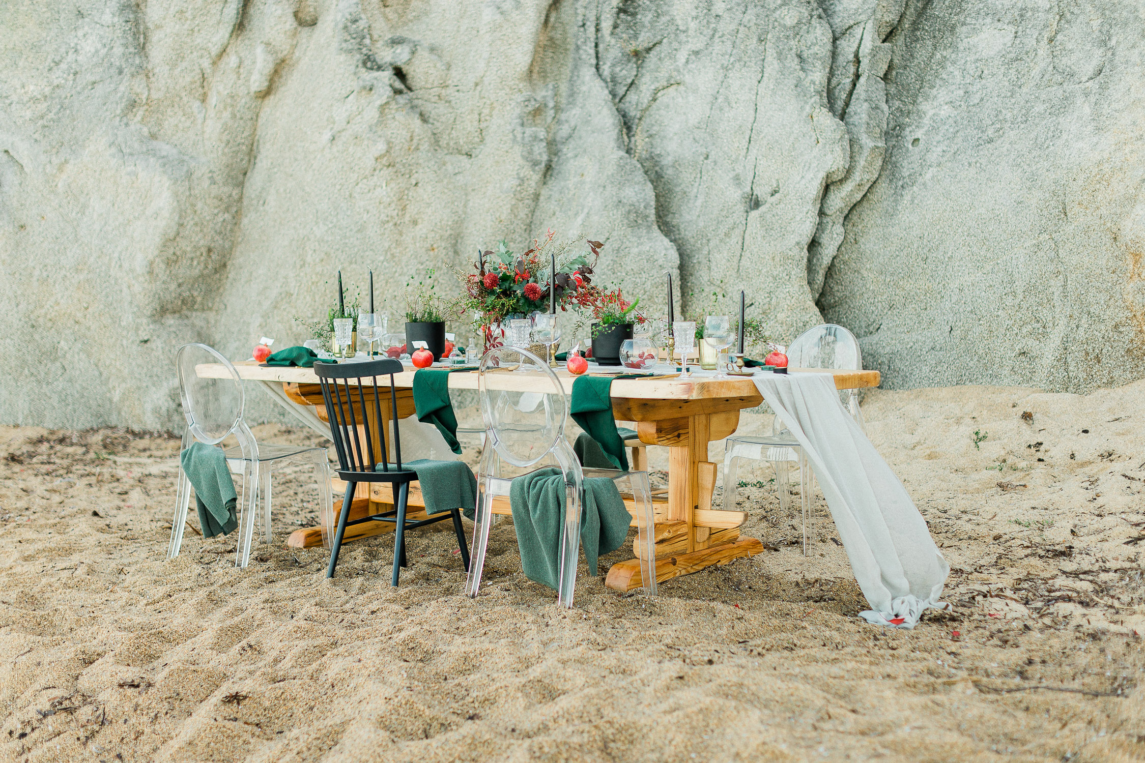 table set up at a rocky beach in Halkidiki