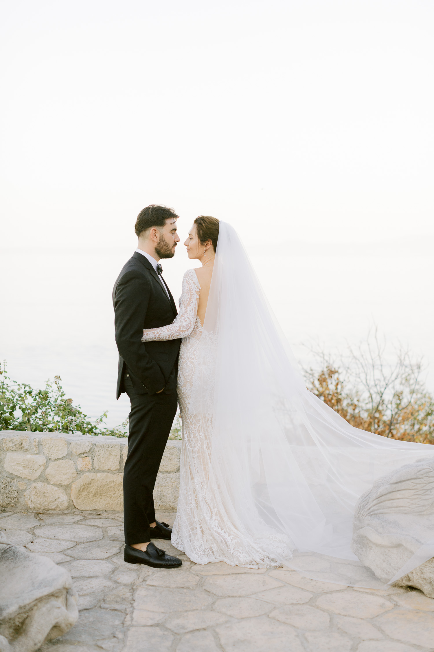 Bride and groom post wedding portrait at a chic micro wedding in Greece